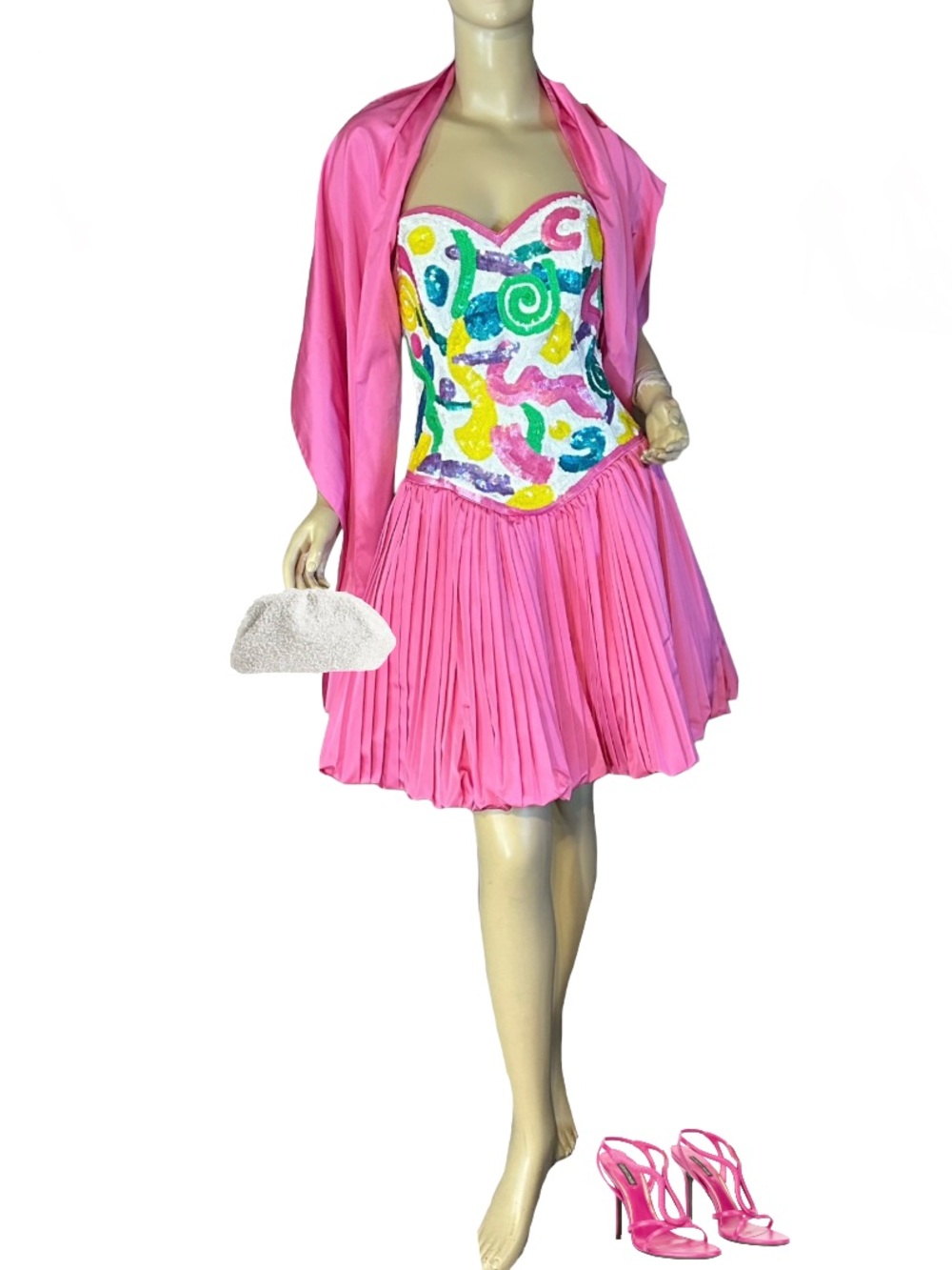 VINTAGE 1990'S JULIE DUROCHE PINK & MULTI-COLOR SEQUIN & SILK BUBBLE HEM DRESS 6